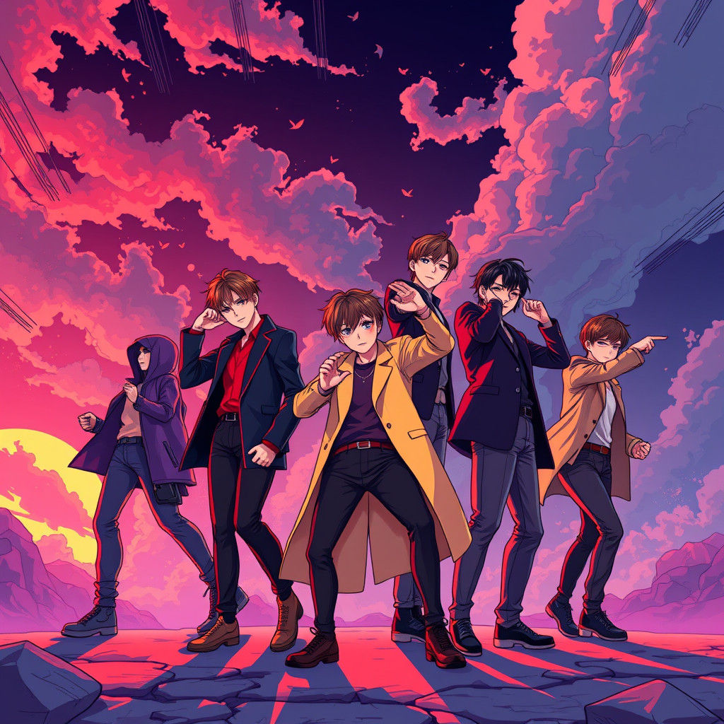 BTS Manga-Style Anime Wallpaper in Studio Trigger Aesthetic