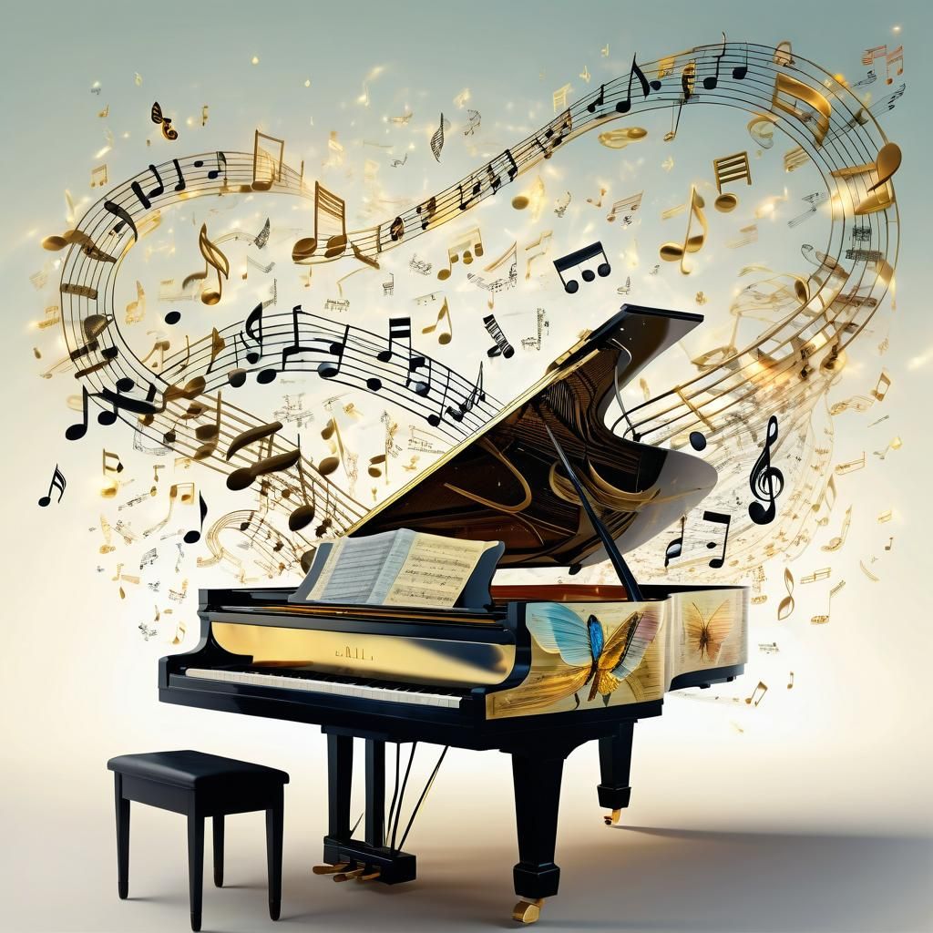 Musical Butterfly over Piano: Surreal Digital Art