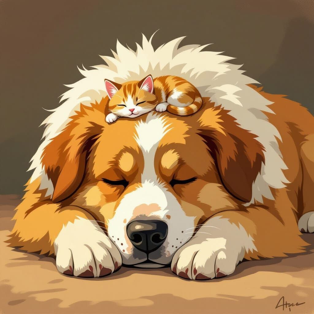 Giant Dog Sleeps with Kitten on Head in Beatrix Potter Style