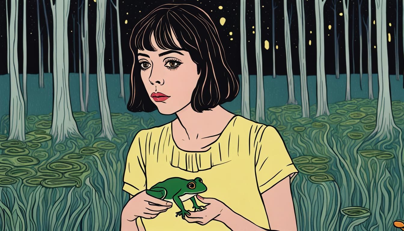 Aubrey Plaza and Frog in an Expressionist Landscape