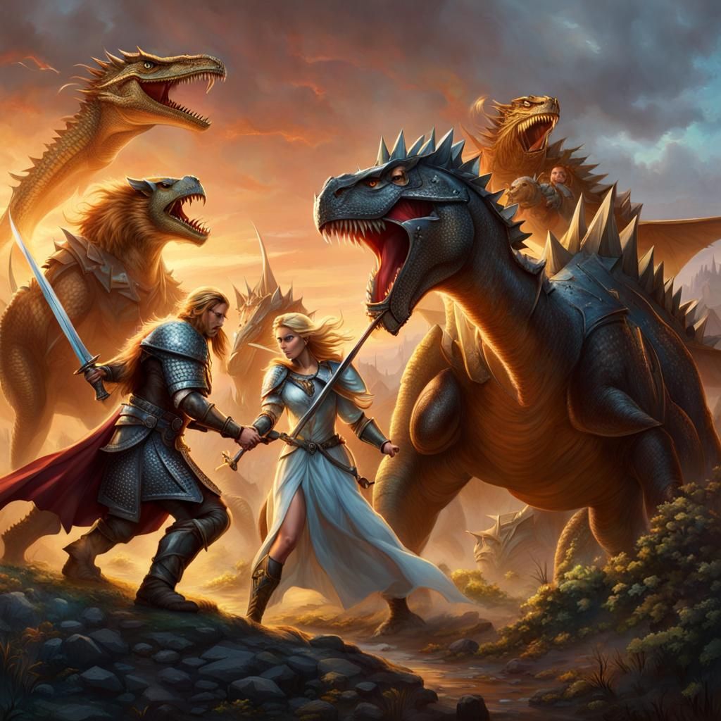 Nordic Princess and Kings Fighting Dinosaurs