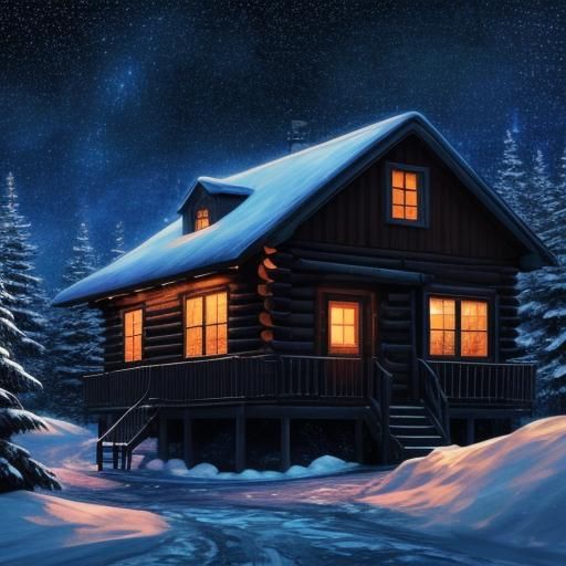 Winter Cabin Under Starry Sky in Anime Style
