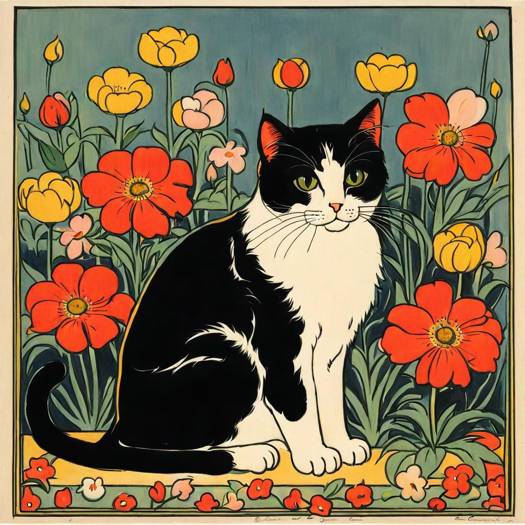 Cute Cat Surrounded by Flowers in Synthetism Style