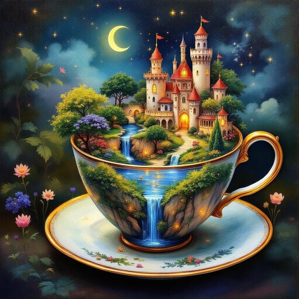 Miniature Kingdom Inside Vintage Teacup, Gouache Style