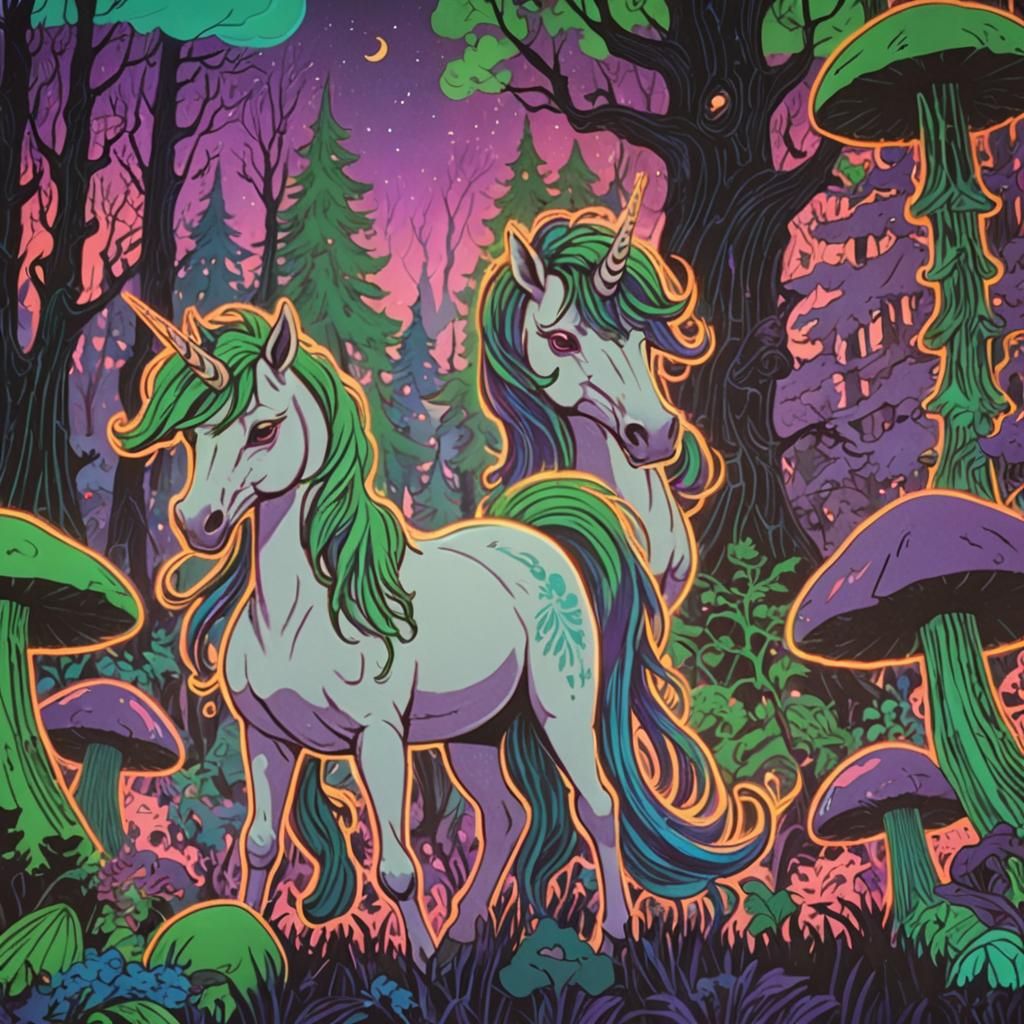 Eerie Unicorns Prancing in Neon Forest, Dark Whimsy Art