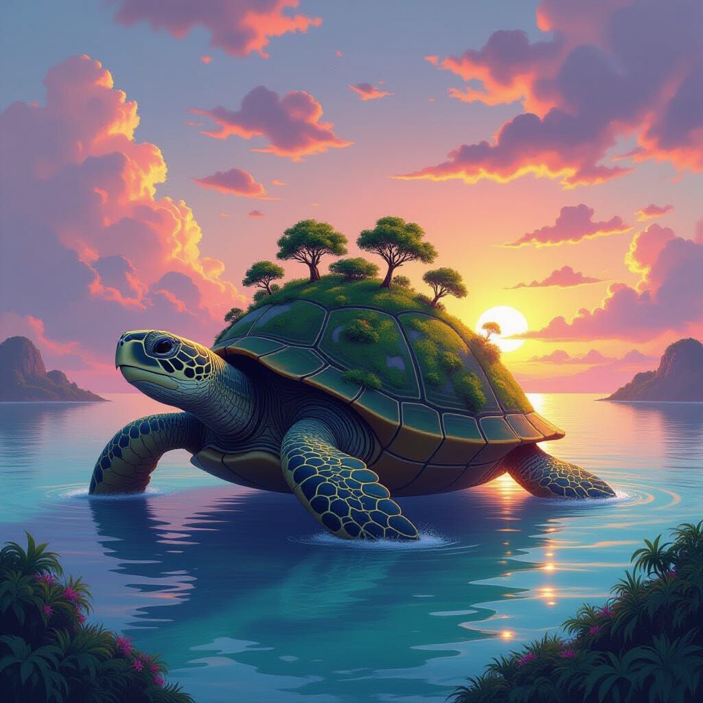 Fantasy Island on Giant Sea Turtle at Sunset