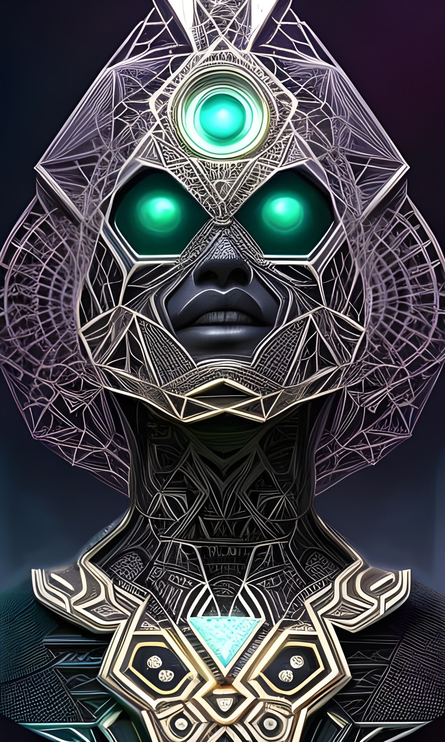 Geometric Android in Emerald Ornamentation: Charcoal Drawing