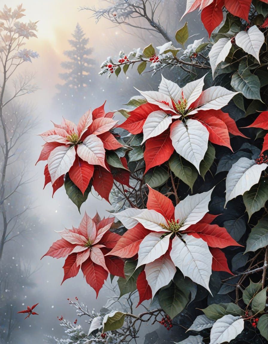Red and White Poinsettias in Ethereal Winter Mist