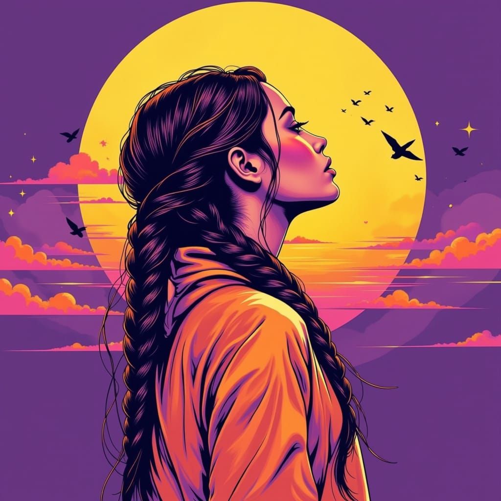 Neo-Traditional Portrait: Woman and Moon