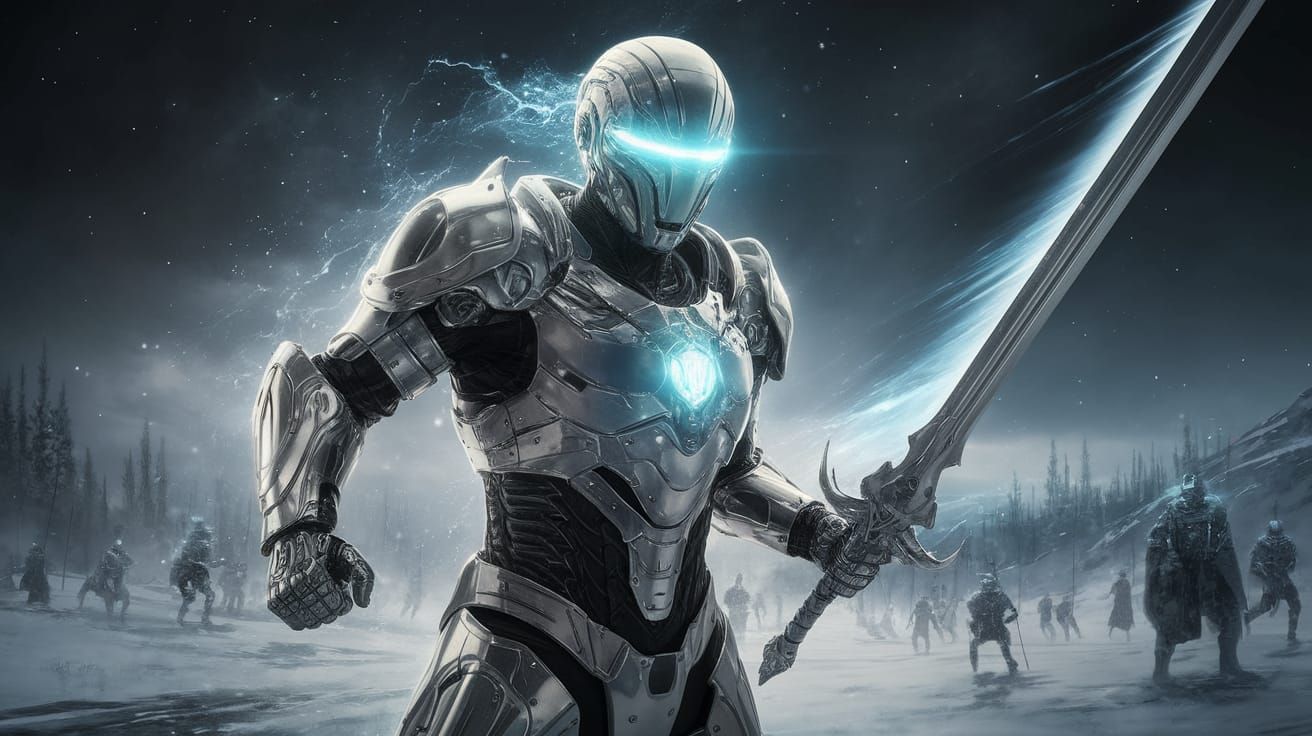 Cybernetic Knight Unleashes Frosty Gale in Winter Battle