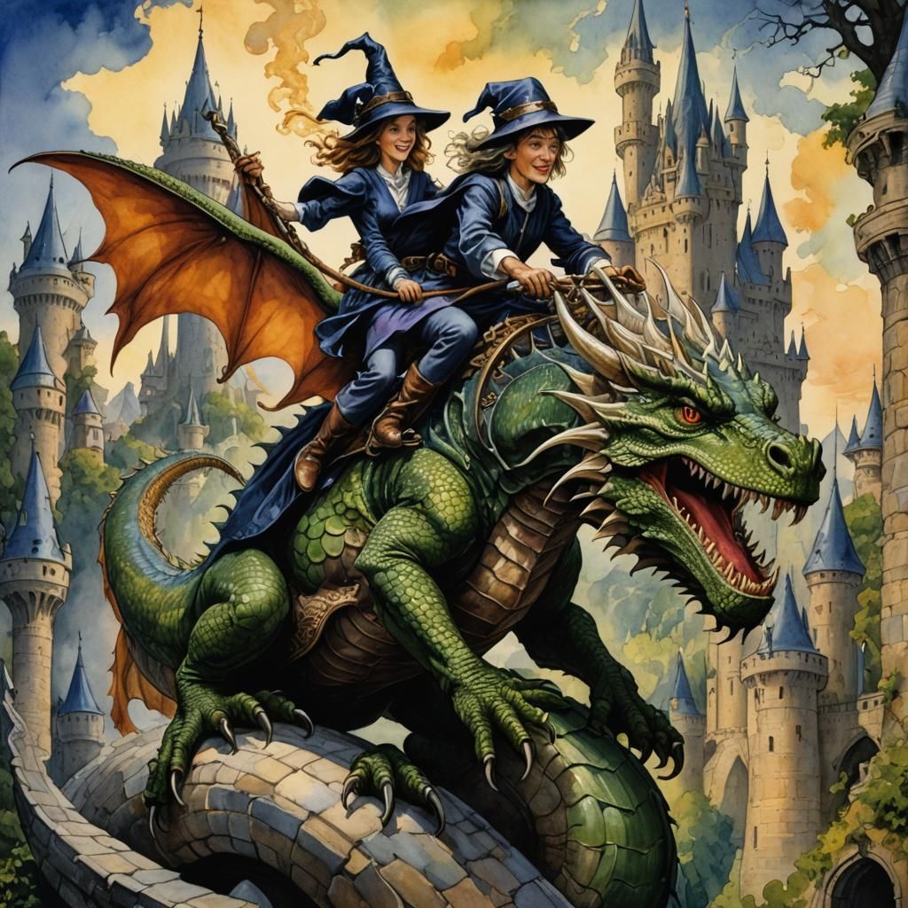 Witch on Dragon: Storybook Watercolor Illustration
