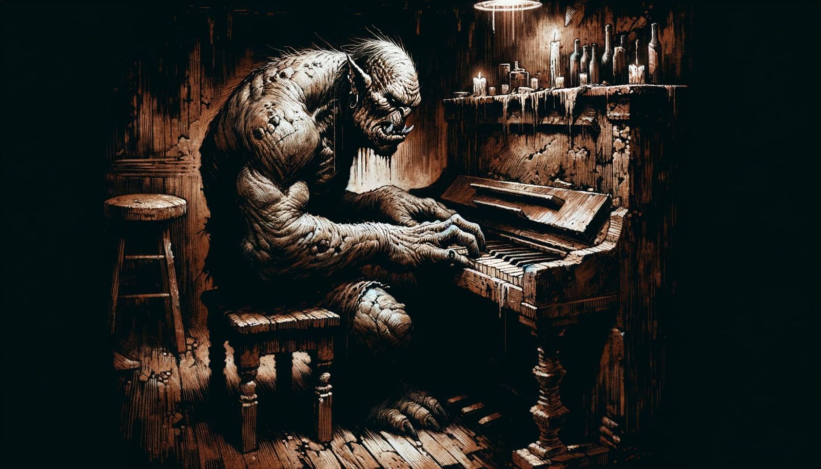 Orc Plays Piano in Dimly Lit Dive Bar
