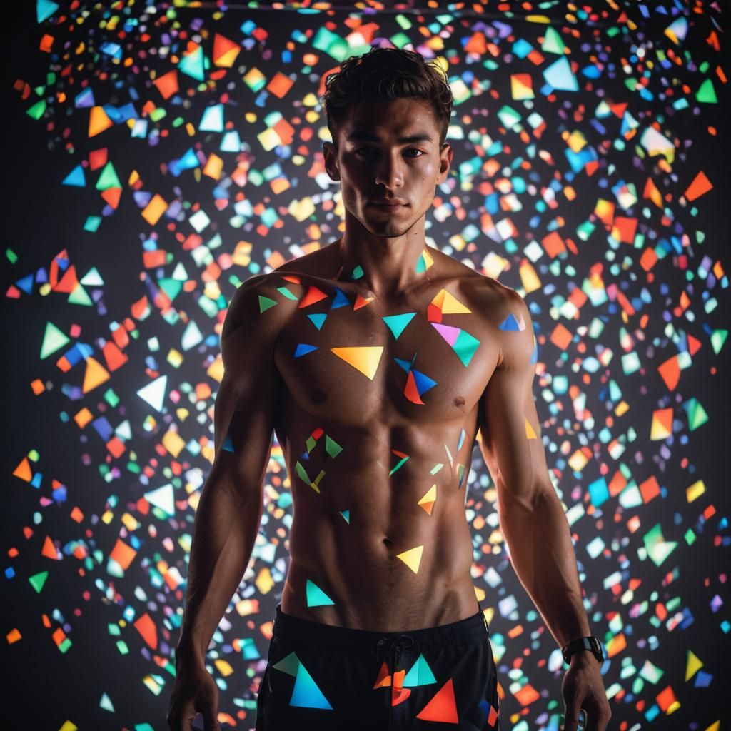 Geometric Light Patterns on Shirtless Man