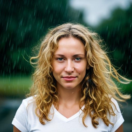 Young Woman Caught in Rainstorm: Professional Portrait
