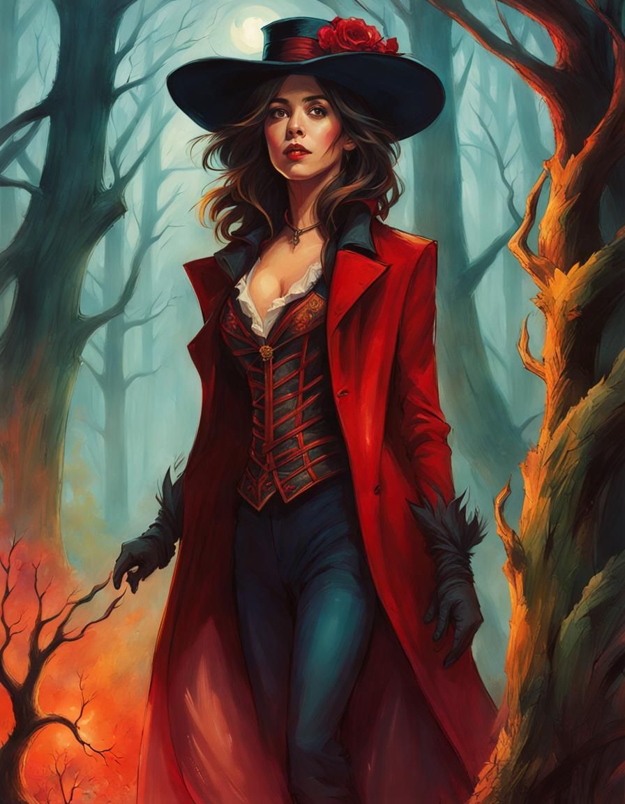 Stylish Vampire Hunter in Spooky Forest Portrait