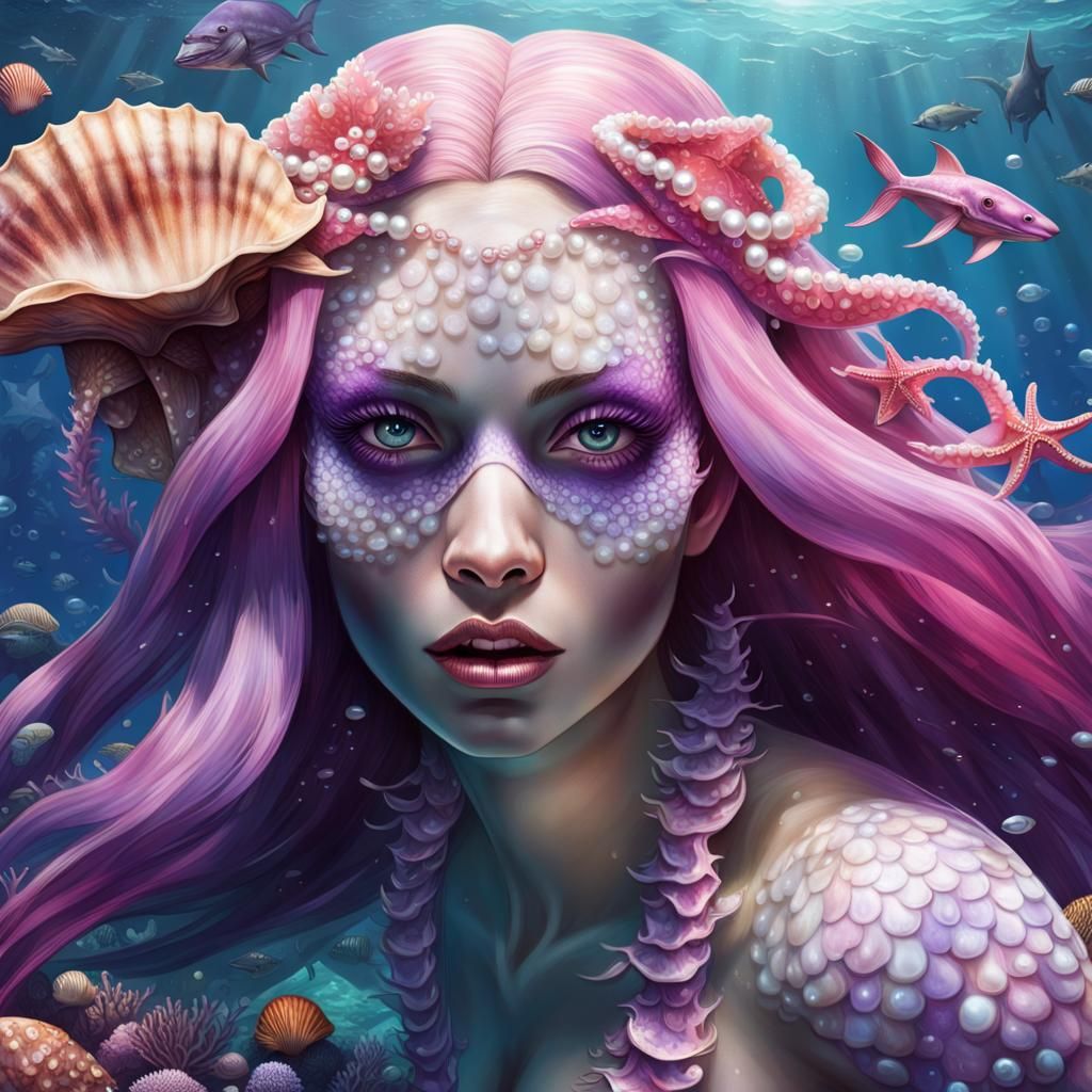 Pink Mermaid with Pearls in Coral Reef