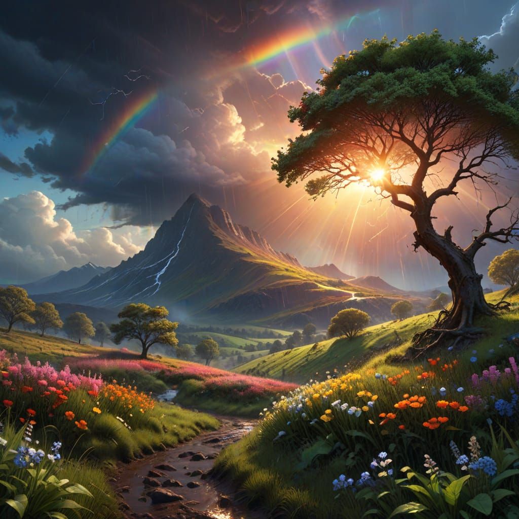 Spring Rain with Rainbow Over Landscape in Comic Art Style