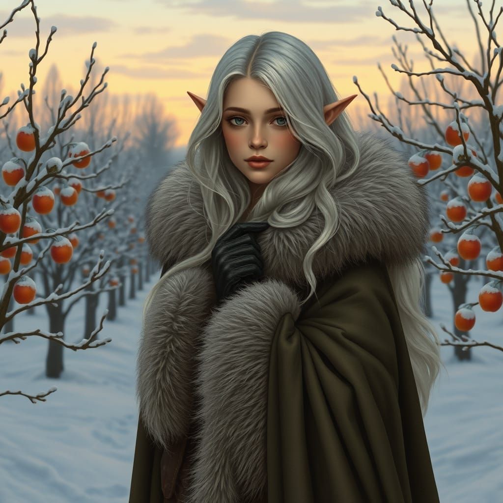 Ethereal Elven Woman in Snowy Orchard, Art Nouveau