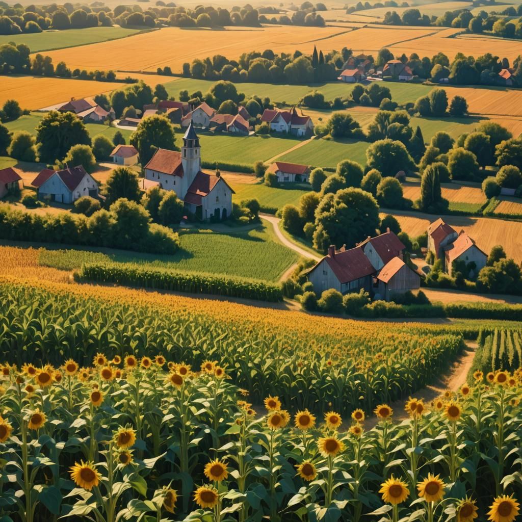 Village Surrounded by Sunflowers: Digital Matte Painting