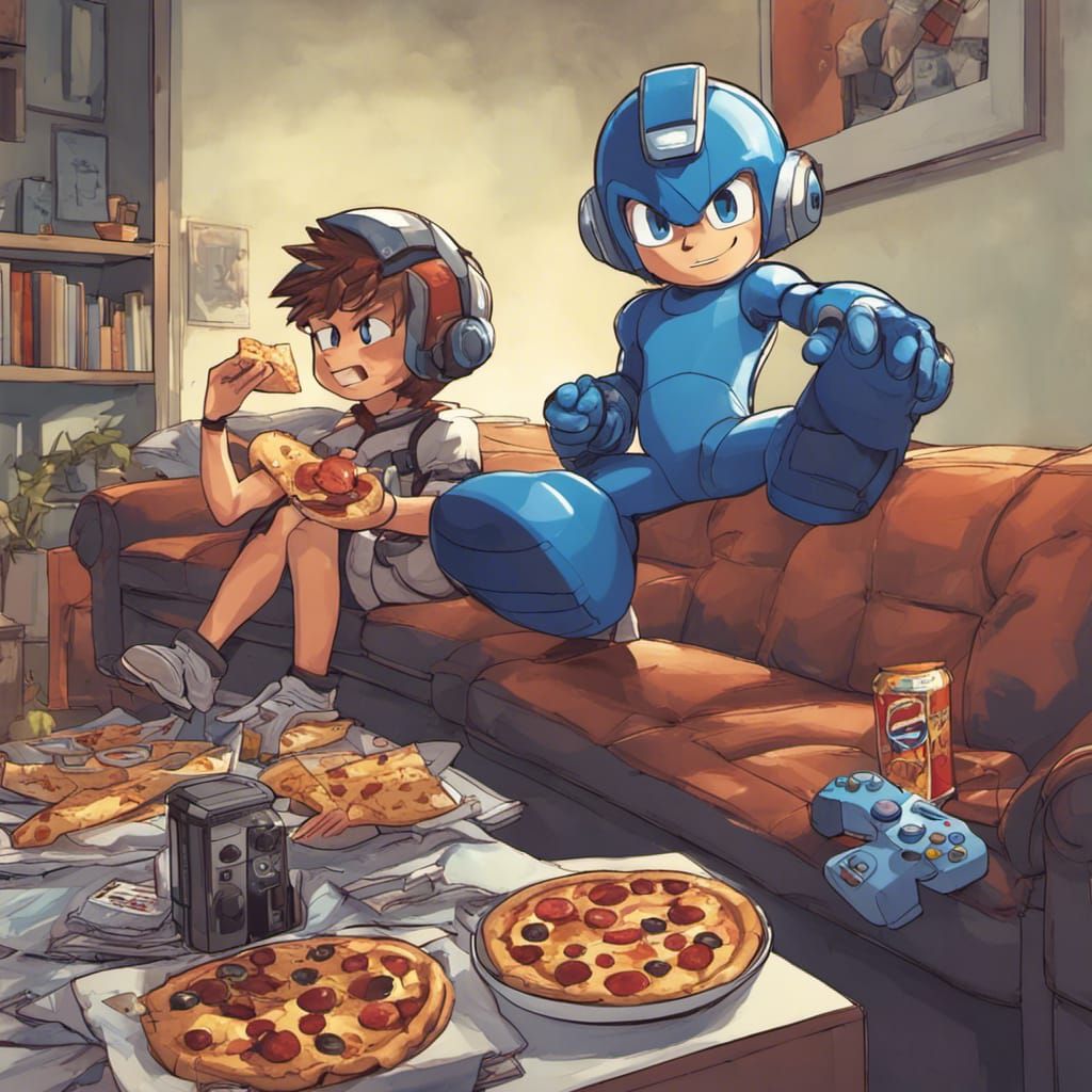 Megaman Gaming Night with Friends in Hyperrealistic Style