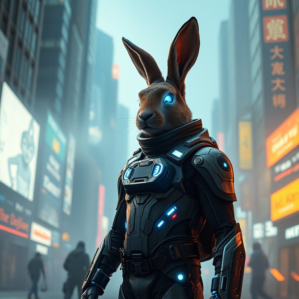 Surreal Cyberpunk Rabbit in High-Tech Exosuit