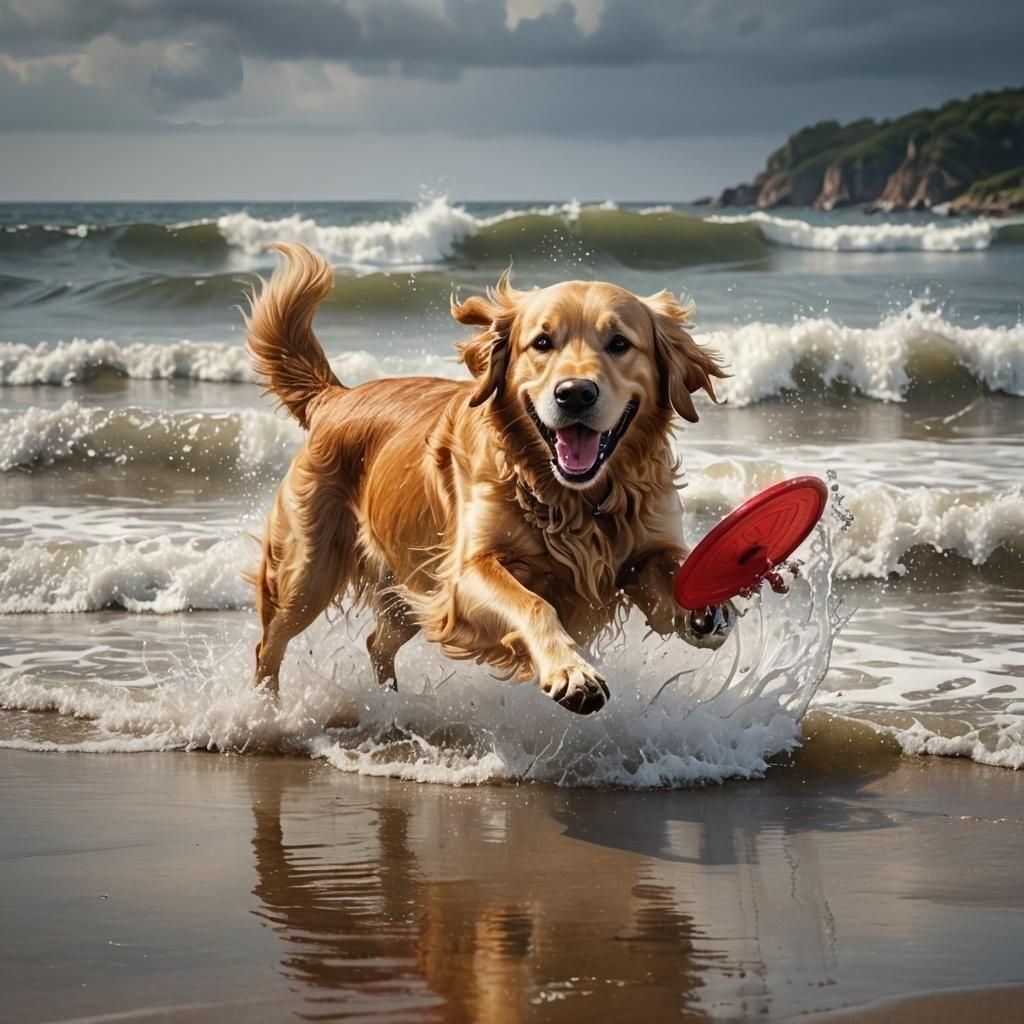 A golden retriever dog with a frisbee at the beach