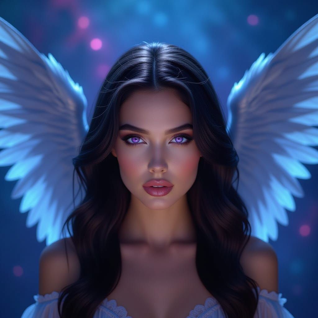 Ethereal Woman With Purple Eyes and Grey Wings