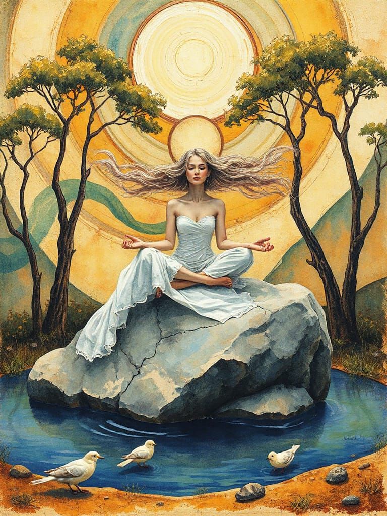 Woman Meditating in Surreal Abstract Landscape