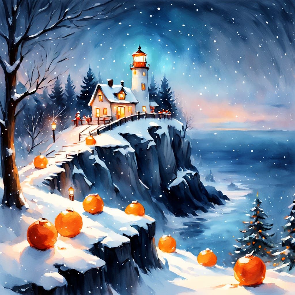 Festive Christmas Lighthouse Watercolor Sketch