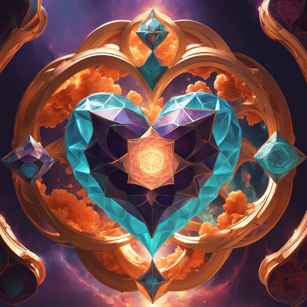 Geometric Heart in Nebula, Detailed Matte Painting