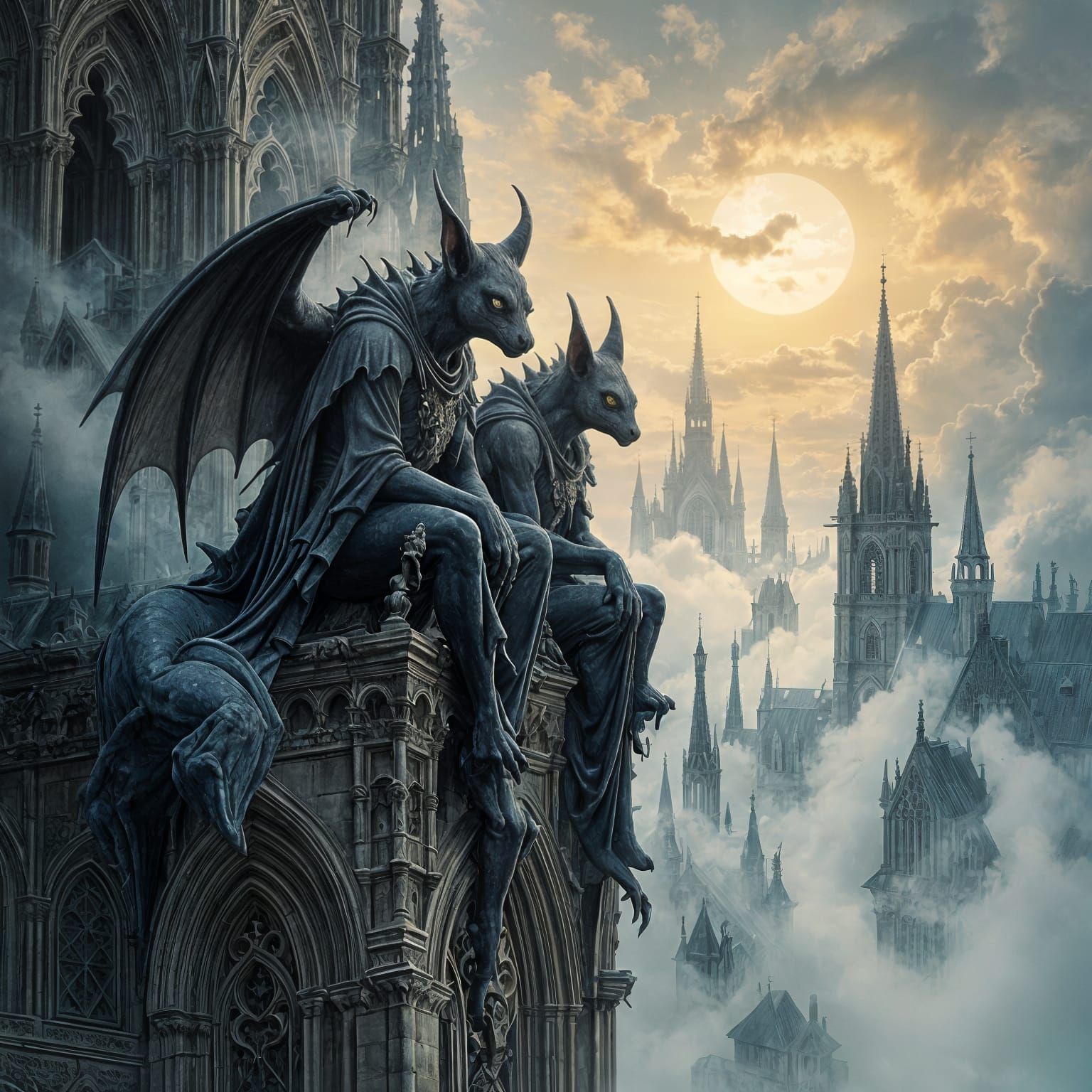 Gargoyles Atop Gothic Cathedral in Bosch Style