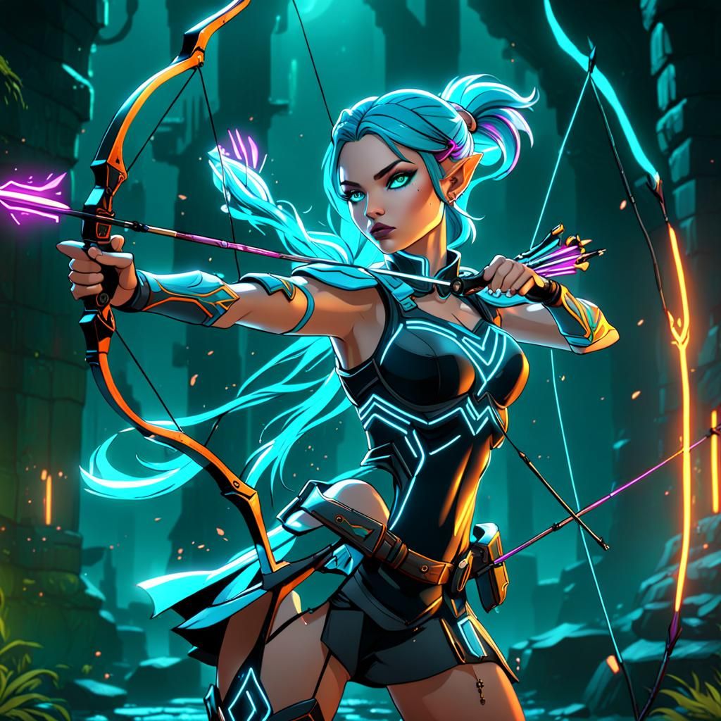Neon Archer Girl in Detailed Fantasy Art