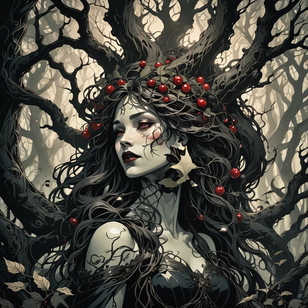 Eerie Forest: Cherry Devouring Darkness in Art Nouveau Style