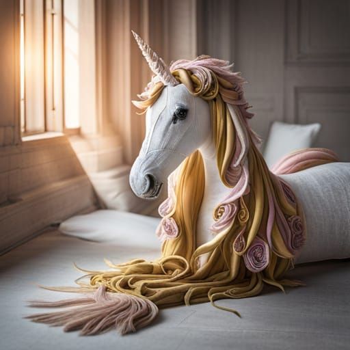 Textile Art Unicorn Soft Sculpture Displayed