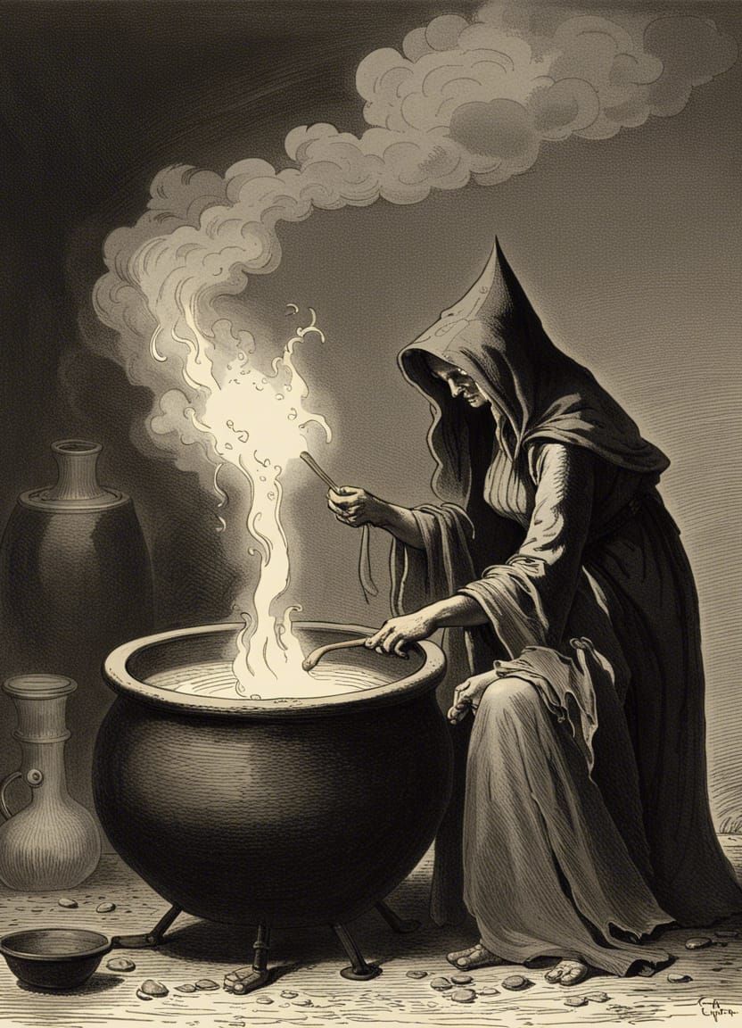 Horror Witch Brewing Potion in Cauldron