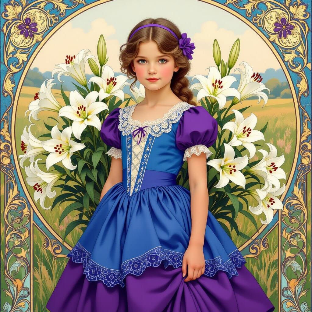 Girl in Lilac Dress Art Nouveau Style