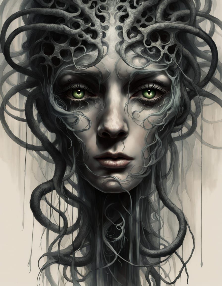 Medusa in Haunting HR Giger-Inspired Biomechanical Landscape