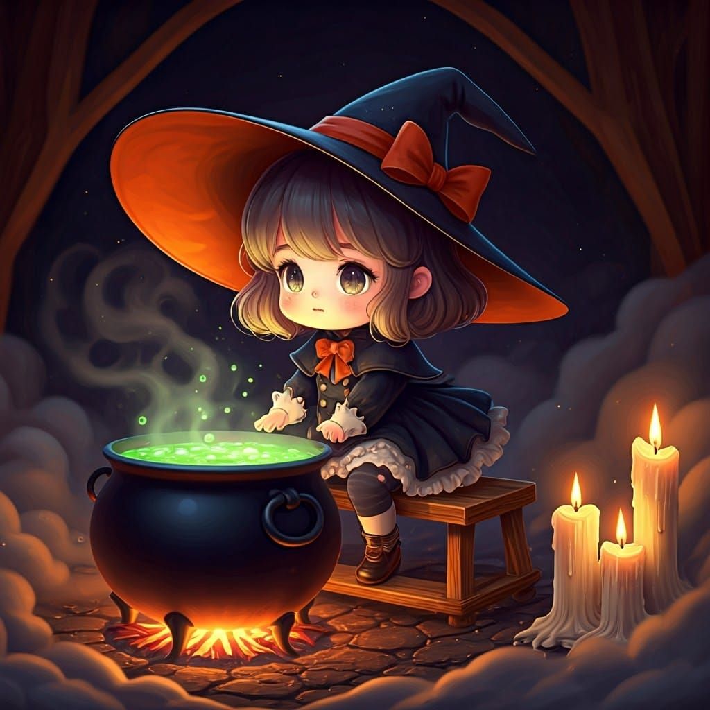 Chibi Witch Brewing Potion in 3D Anime Style