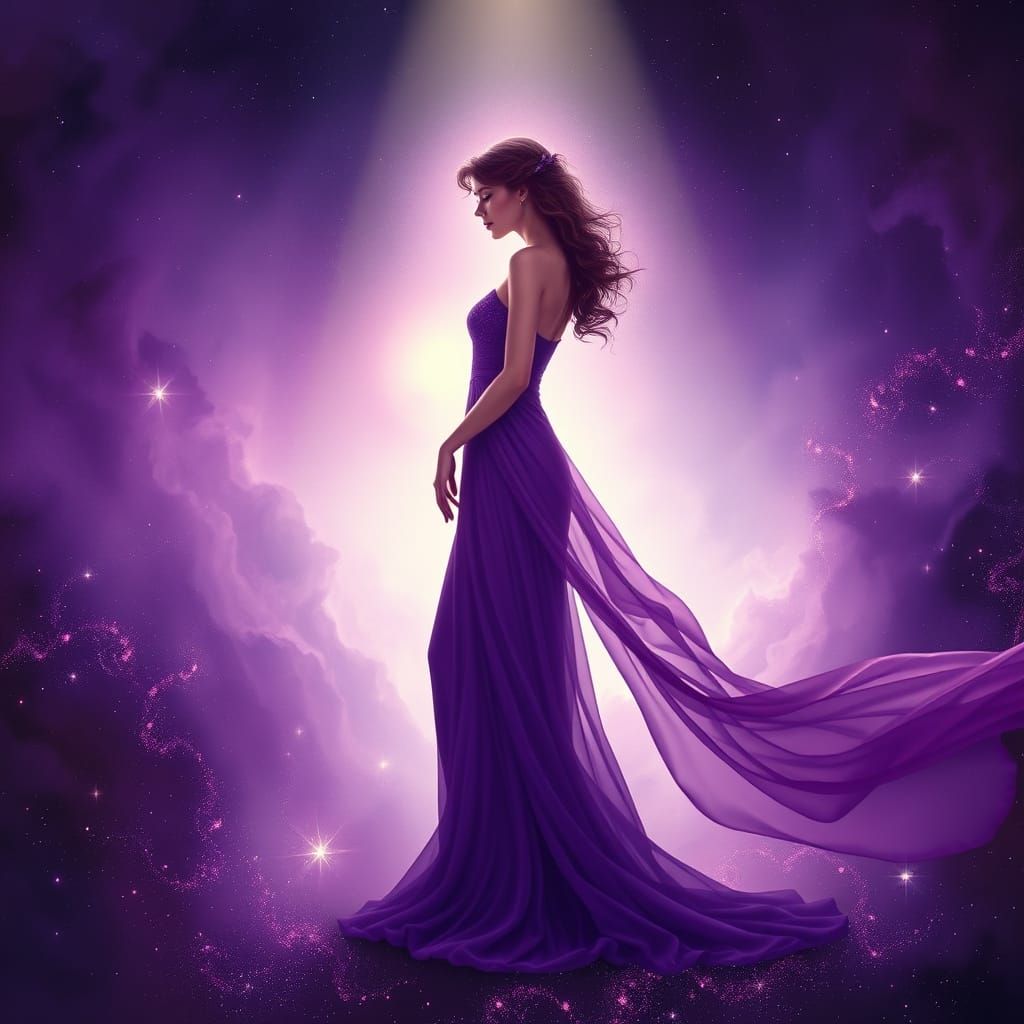Ethereal Woman in Violet Gown Amidst Cosmic Nebula