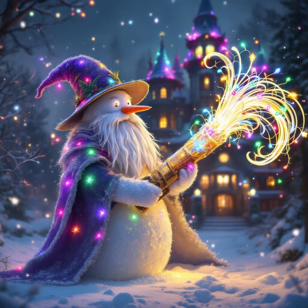 Majestic Snowman Wizard Illuminates Gothic Mansion