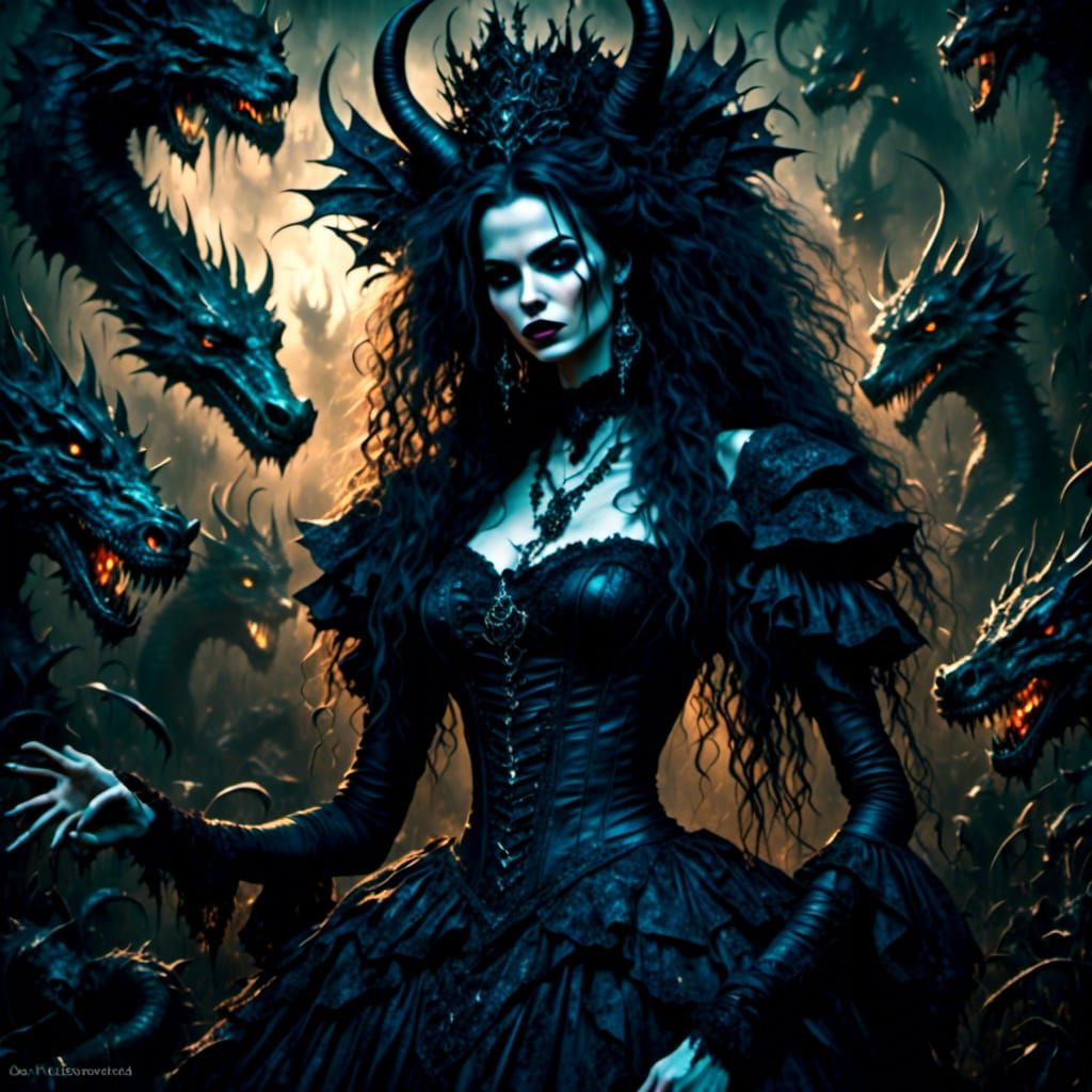 Gothic Woman in Cornfield with Dragons