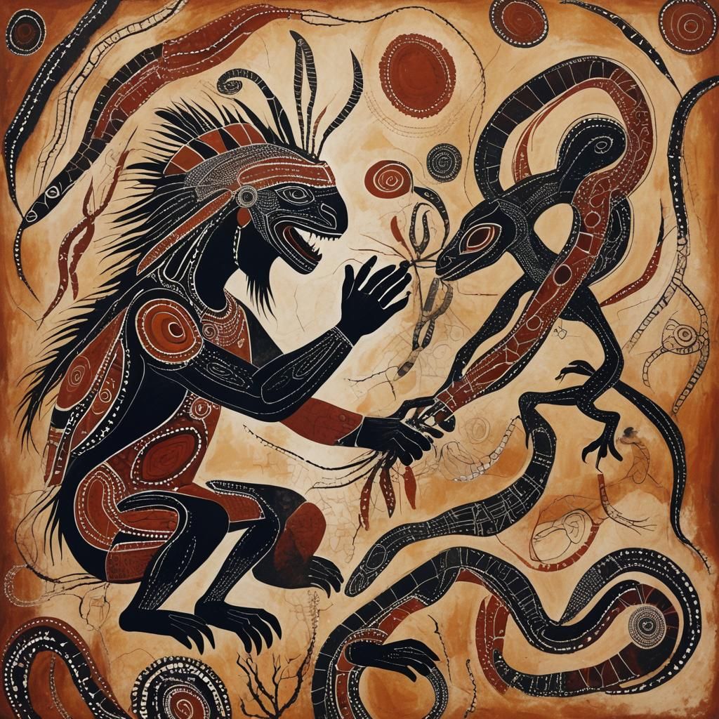 Aboriginal Shaman Creates Rock Art with Goanna