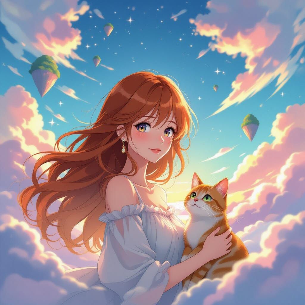 Woman and Cat Floating in Surreal Dream Sky