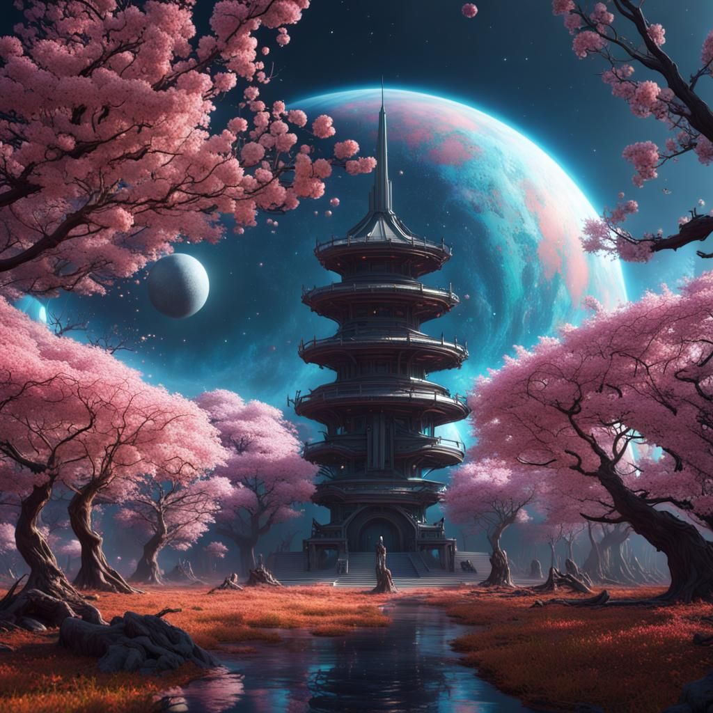 Sci-Fi Monument Amidst Cherry Blossoms