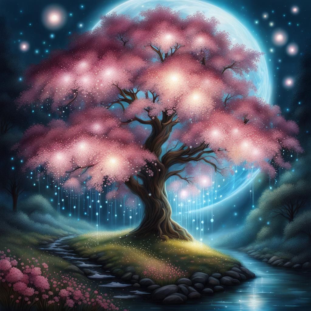 Bioluminescent Cherry Tree with Butterflies in Watercolor
