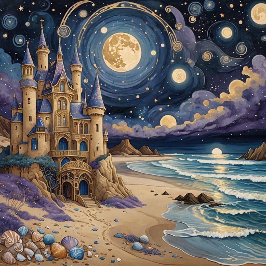 Art nouveau, sandcastle on a beach with seashells under the ...