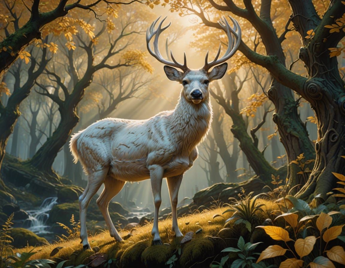 Mystical White Deer in Hidden Valley: Photorealistic
