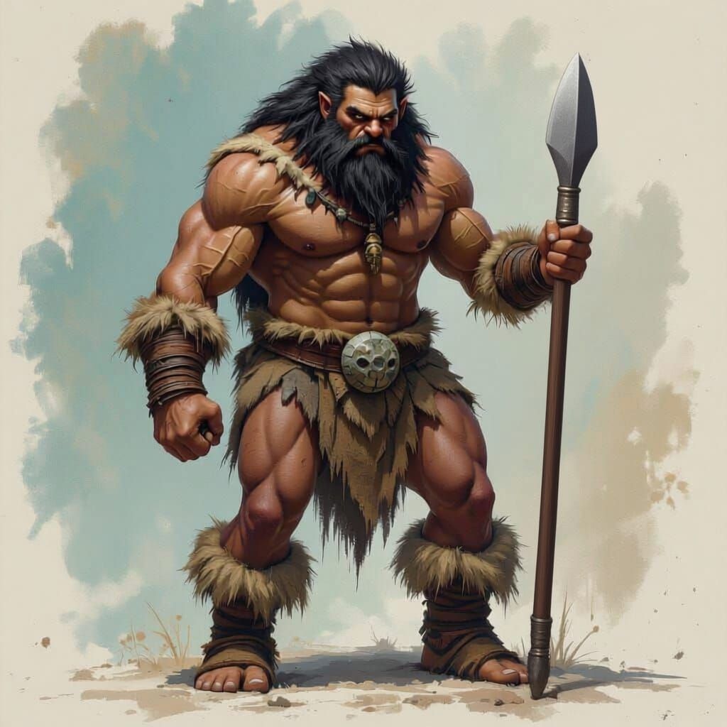 Muscular Caveman with Spear in Fantasy Concept Art Style