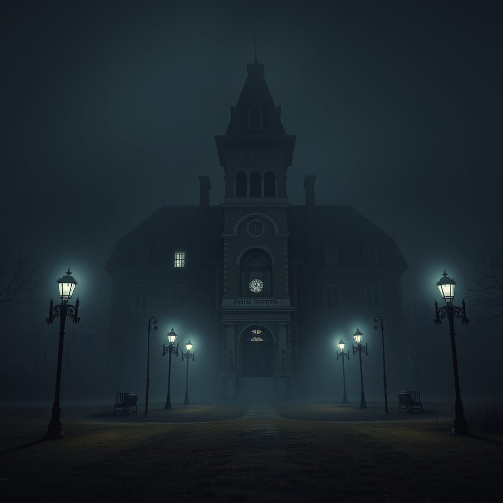 Foreboding Asylum in Eerie Fog, Hyperrealistic Style
