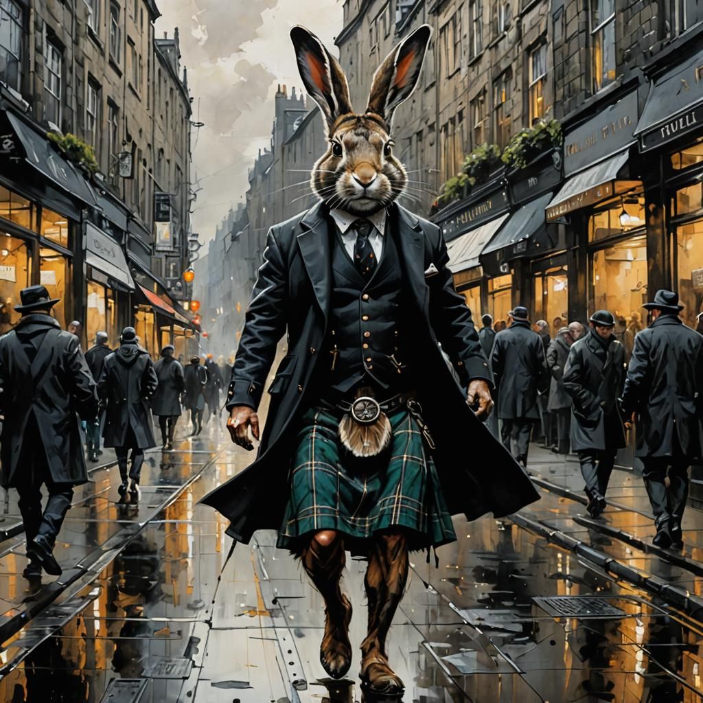 Anthropomorphic Rabbit in Tartan Greatkilt, Scratchboard Ink